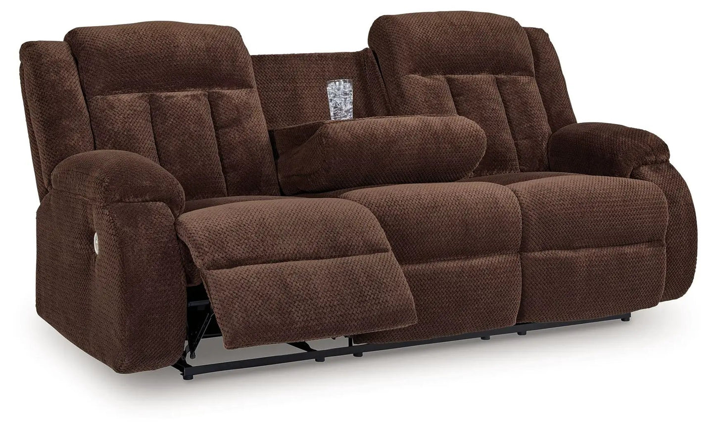 Free Wake reclining power sofa with drop-down table in chocolate brown chenille fabric on Tampa Home & Garden Store