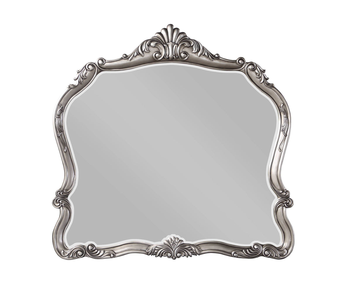 Antique silver wood-frame mirror by HouseOfZazla, Ariadne Collection with ornate crest on Tampa Home & Garden Store