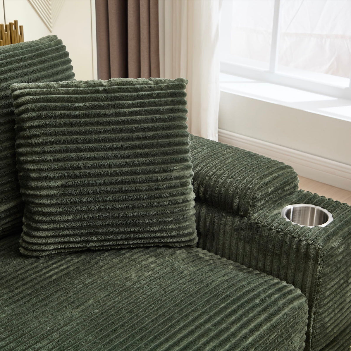 Green corduroy sofa cushions with ribbed texture and cup holder HouseOfZazla on Tampa Home & Garden Store