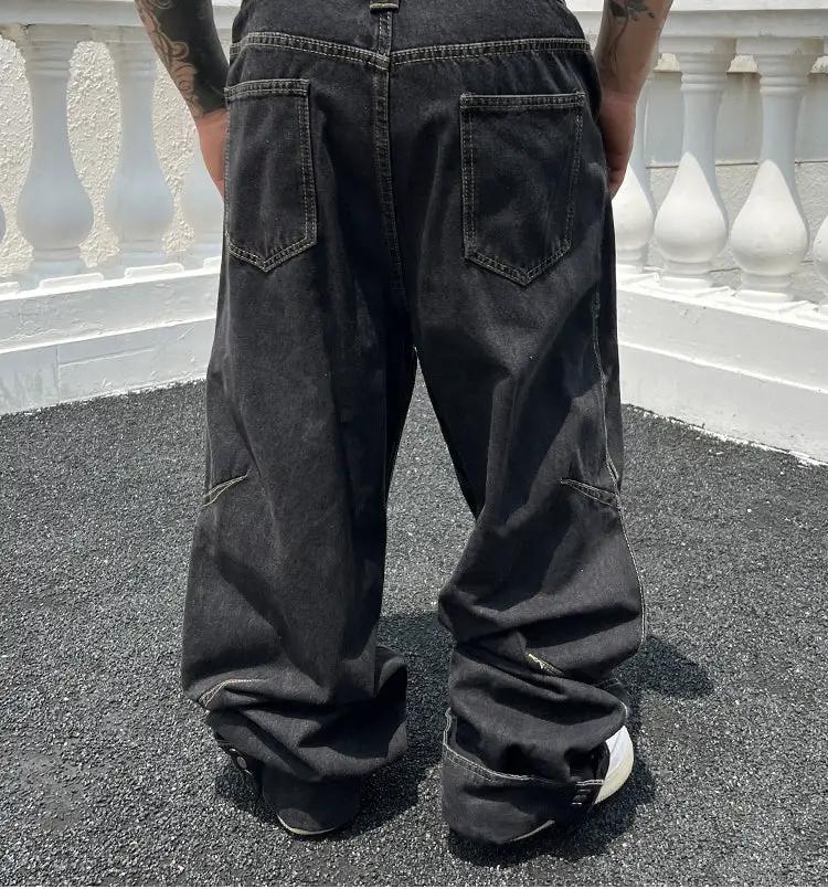 Solid Color Casual Jeans Retro Straight-leg Pants black denim, loose fit with large back pockets on Tampa Home & Garden Store