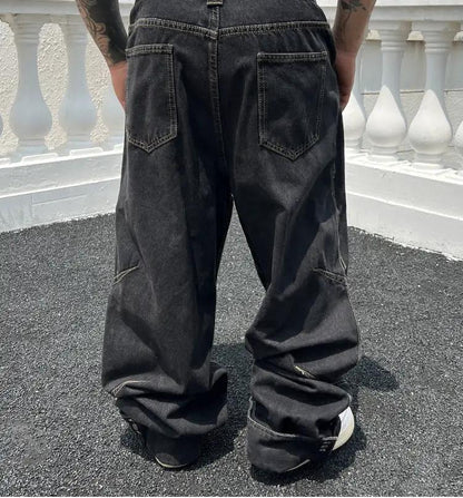 Solid Color Casual Jeans Retro Straight-leg Pants black denim, loose fit with large back pockets on Tampa Home & Garden Store