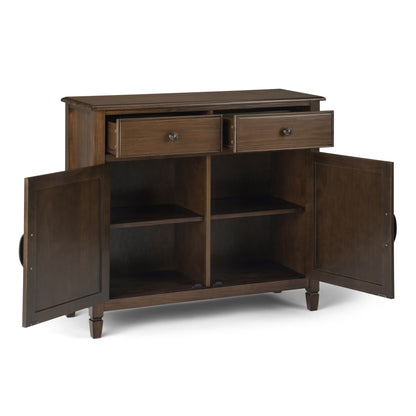 Connaught entryway storage cabinet in dark walnut with two top drawers and open cubbies on Tampa Home & Garden Store