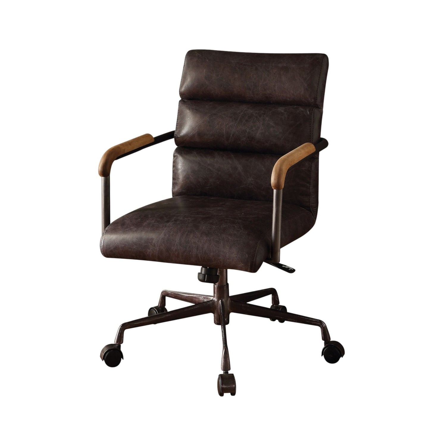 Harith Retro Top Grain Office Chair brown leather with wood armrests swivel chair on Tampa Home & Garden Store