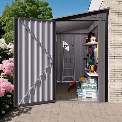 Lean-To Storage Shed gray steel with windows and sloping roof interior shelves on Tampa Home & Garden Store