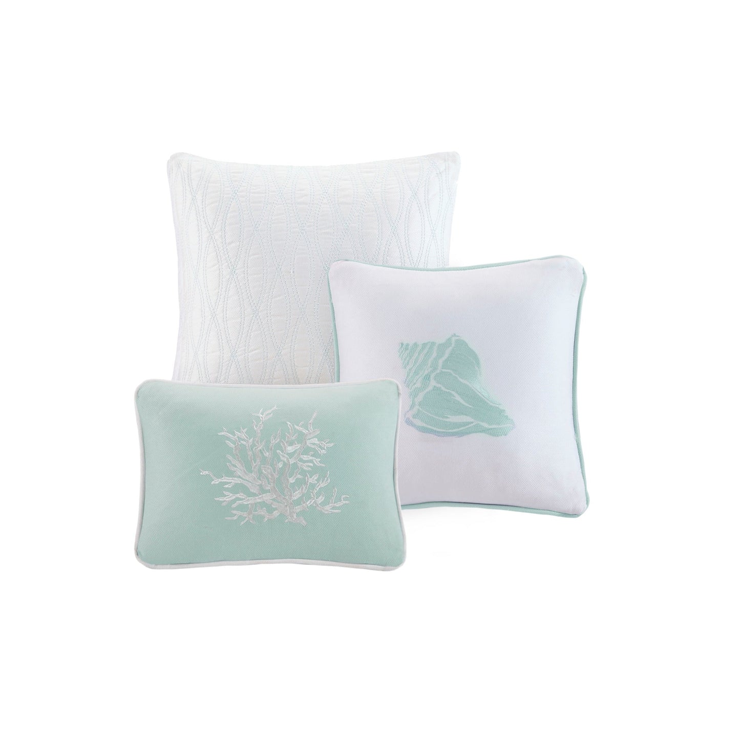 Oversized cotton jacquard comforter set aqua queen with coral embroidery on pillows on Tampa Home & Garden Store
