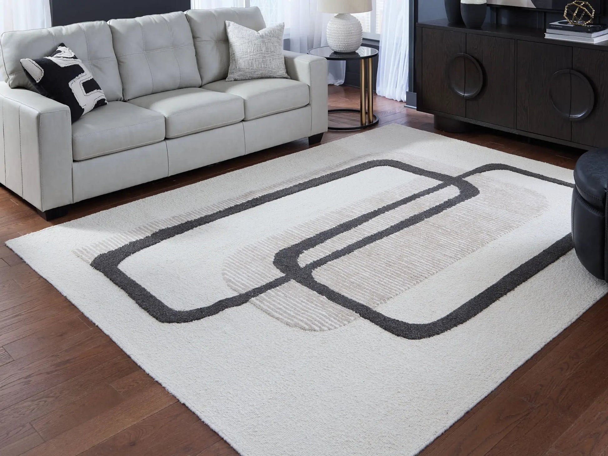 Davismour area rug cream with dark gray border and textured loop pattern Unique Piece Furniture on Tampa Home & Garden Store
