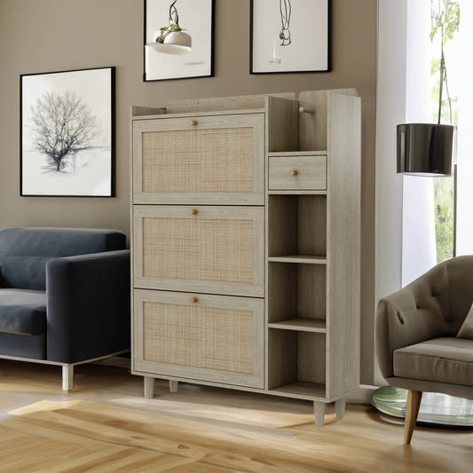 Natural Bohemian shoe cabinet with rattan drawer fronts in light wood finish on Tampa Home & Garden Store