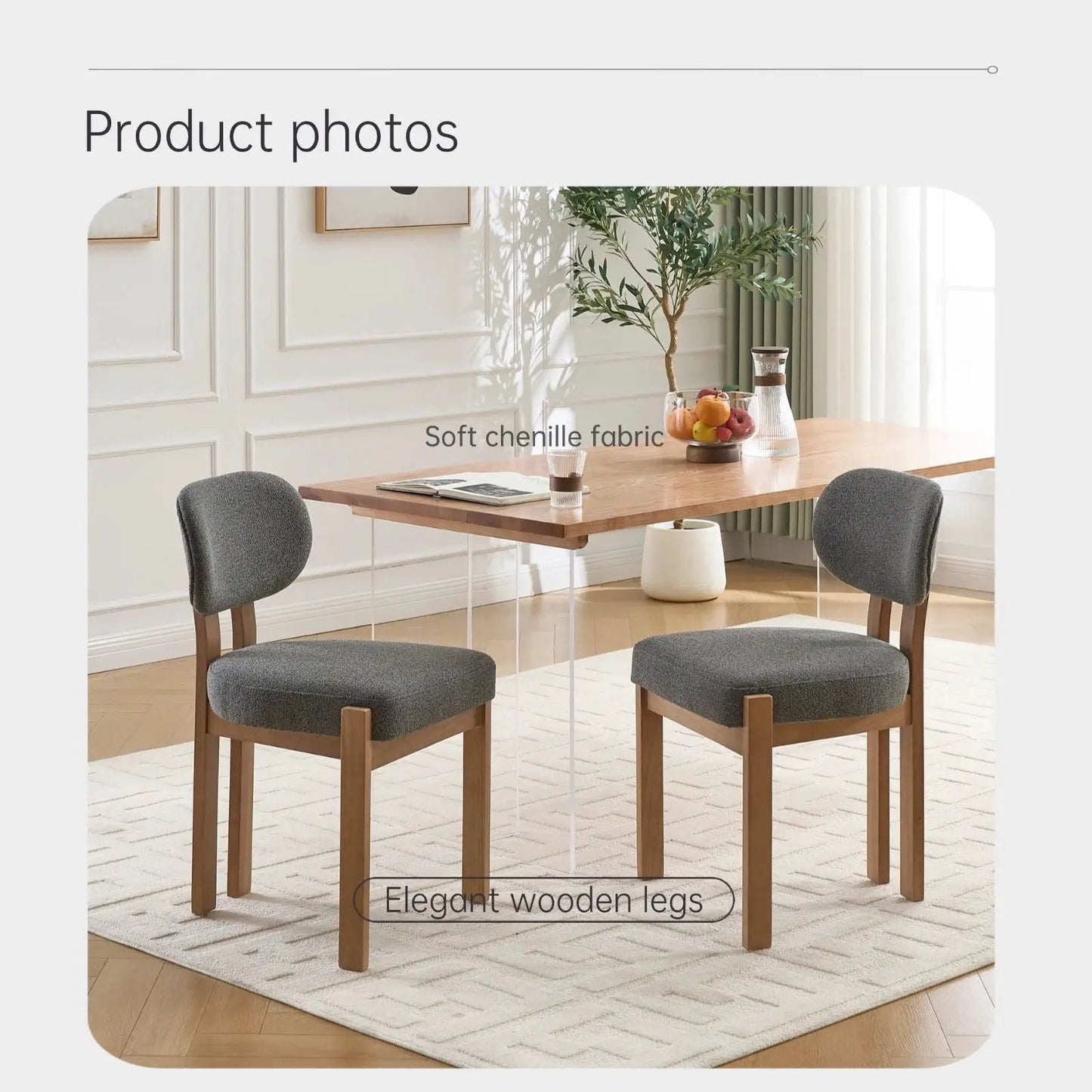 Dining chairs set of 2 with ergonomic backrest in soft grey fabric and wooden legs on Tampa Home & Garden Store