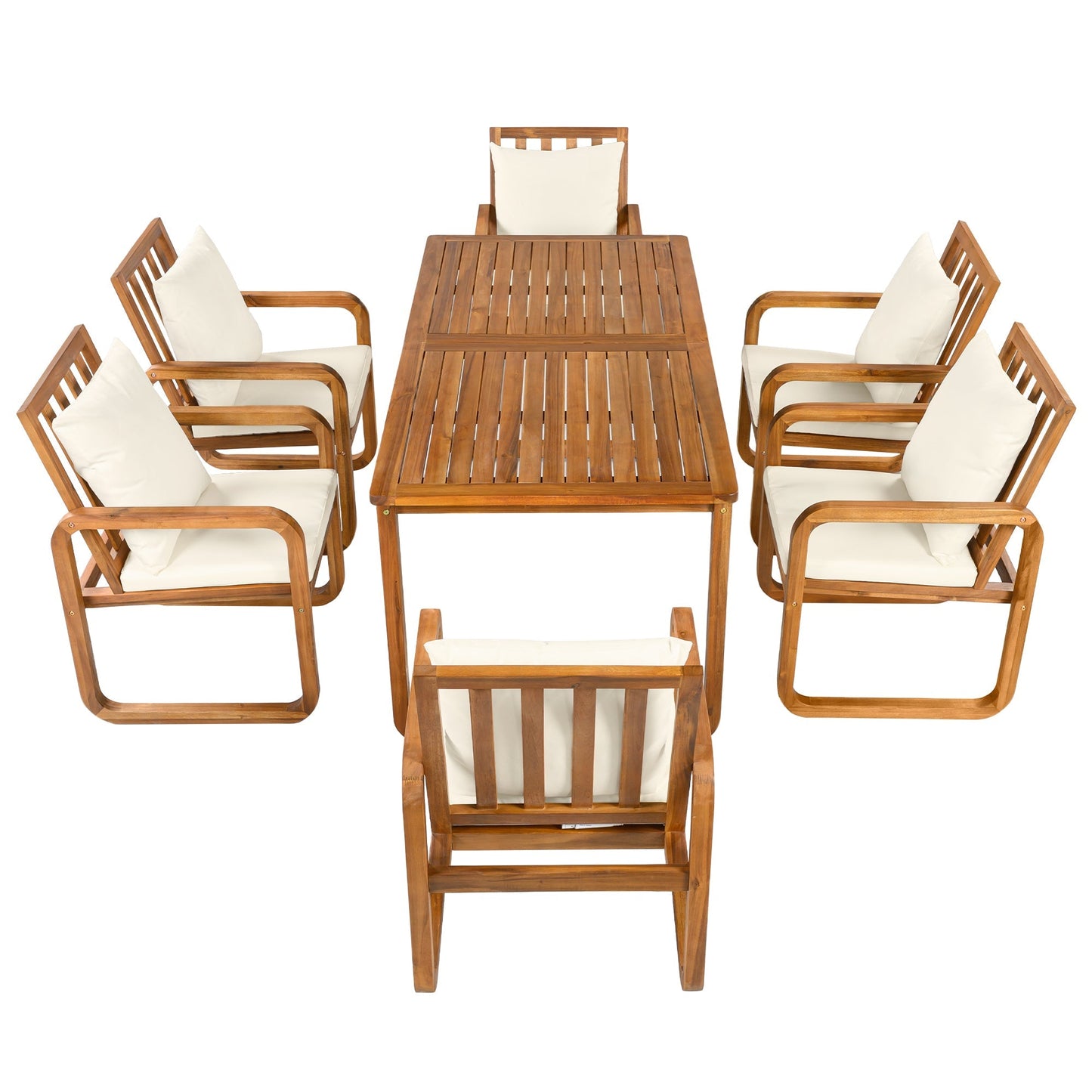 7-Piece patio dining set with wooden slat table and cream cushions HouseOfZazla on Tampa Home & Garden Store