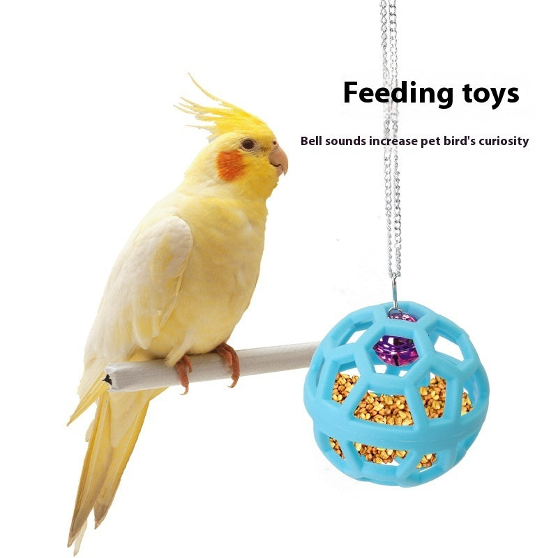Blue plastic parrot chew toy with hanging chain and seed ball beside a yellow cockatiel Store on Tampa Home & Garden Store
