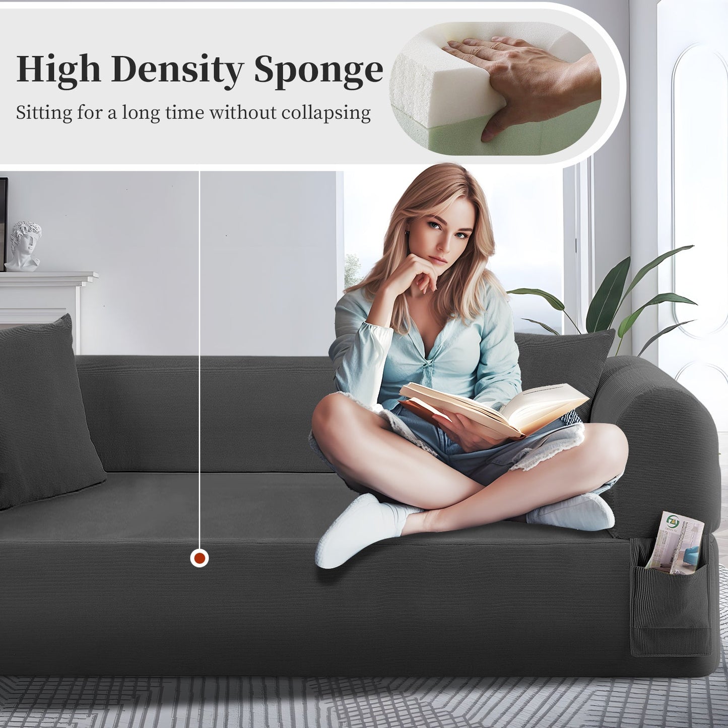 HouseOfZazla Spring Sofa gray fabric with high-density sponge cushions and storage pocket on Tampa Home & Garden Store