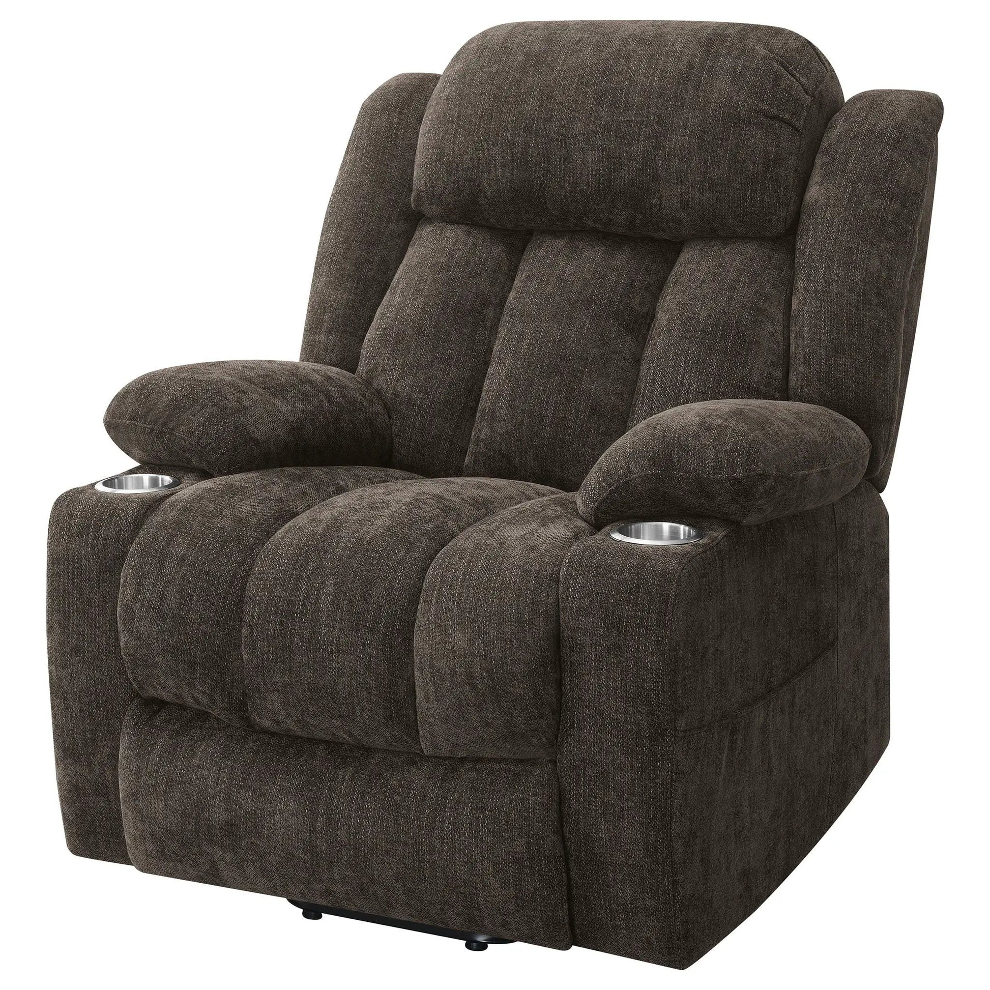 Beca upholstered power lift recliner with cupholders and USB charging in brown fabric on Tampa Home & Garden Store