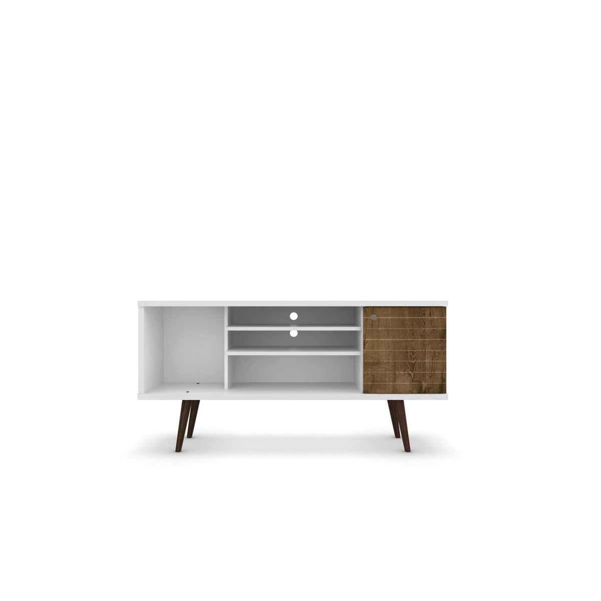 Smart TV Stand with solid wood legs; white body, open left cubby, shelves, veneer right on Tampa Home & Garden Store