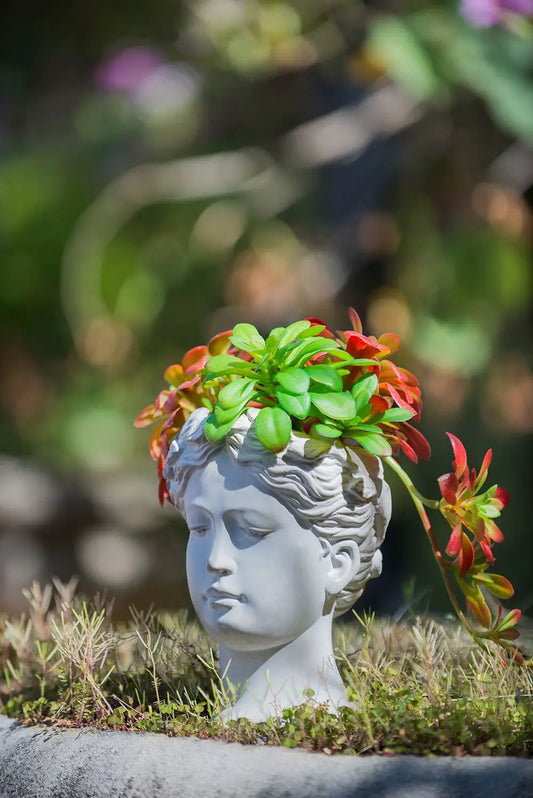 Greek style cement head planter gray with green and red succulents Unique Piece Furniture on Tampa Home & Garden Store