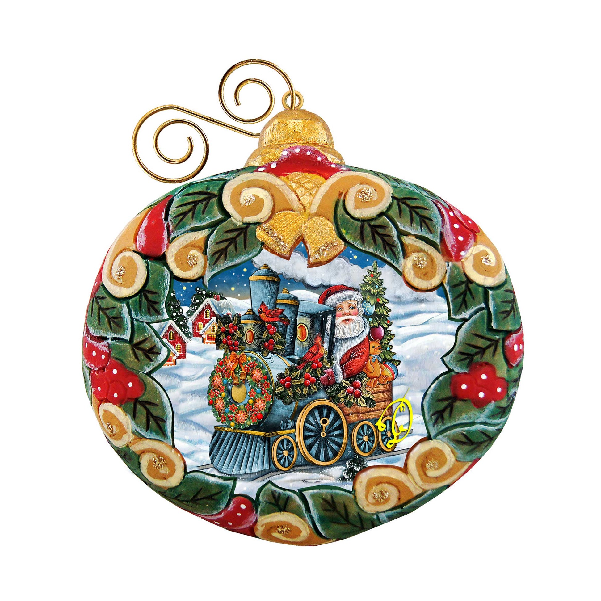 G. DeBrekht Santa Express Wreath Ornament, hand-painted Santa scene on a wreath on Tampa Home & Garden Store