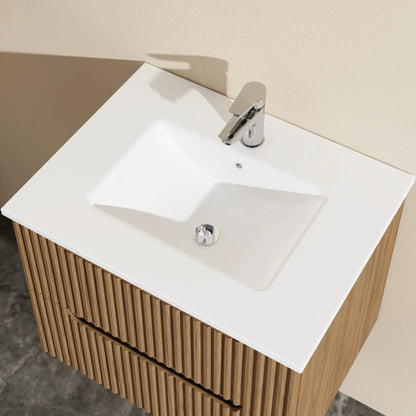 Wall mounted bathroom vanity and sink with white basin and chrome faucet, wood cabinet on Tampa Home & Garden Store