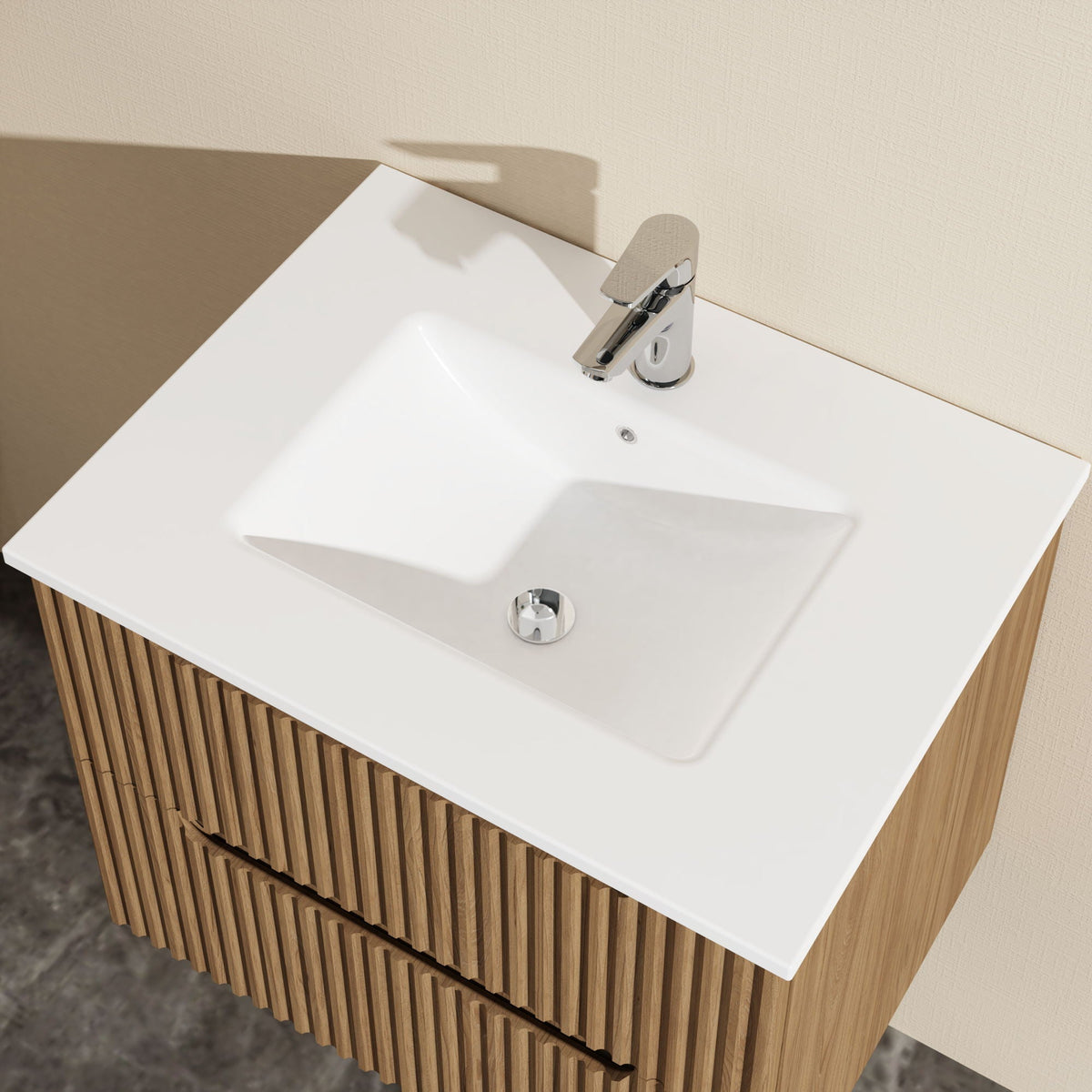 Light brown wall-mounted vanity with sink by HouseOfZazla, white countertop, chrome faucet on Tampa Home & Garden Store