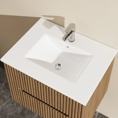 Light brown wall-mounted vanity with sink by HouseOfZazla, white countertop, chrome faucet on Tampa Home & Garden Store