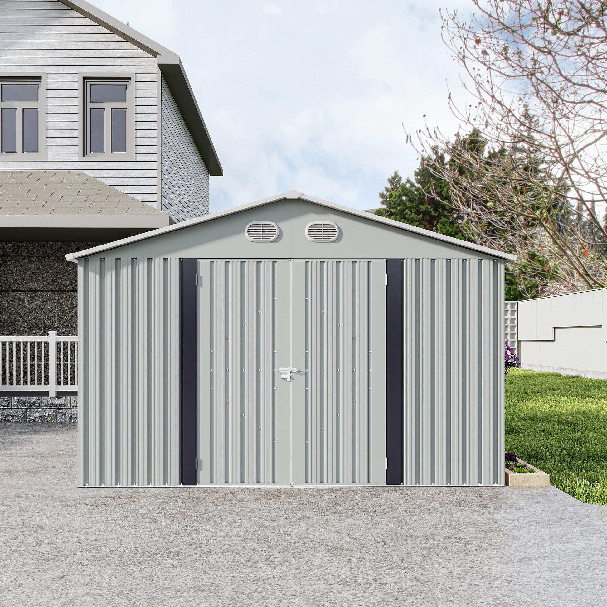 10x12 ft outdoor metal storage shed HouseOfZazla gray corrugated metal panels on Tampa Home & Garden Store
