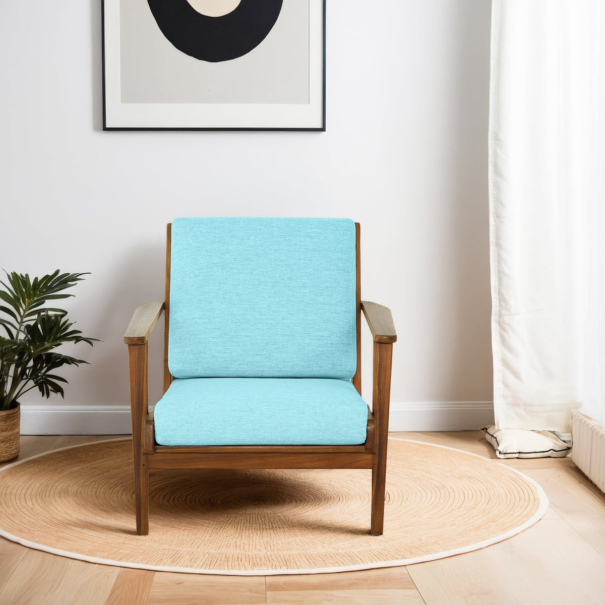 Genuine lounge chair with solid wood frame in turquoise blue upholstery, armchair on Tampa Home & Garden Store