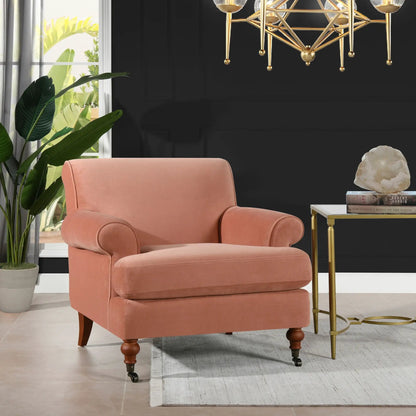 Alana Lawson Accent Arm Chair Casters, pink velvet upholstery on Tampa Home & Garden Store