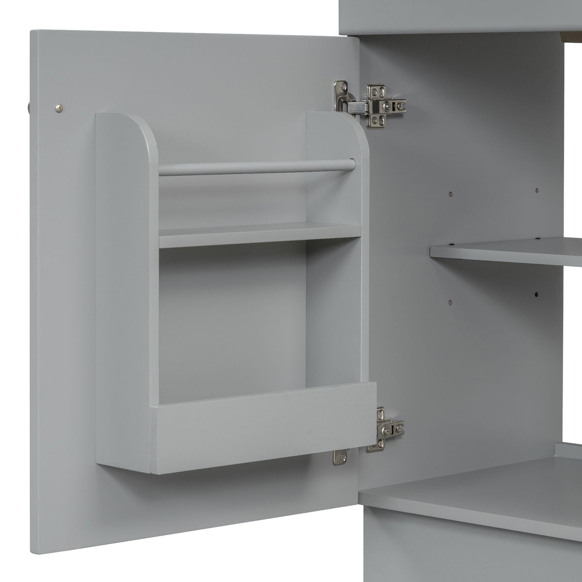 Bathroom vanity with sink and adjustable shelf in gray finish; interior view showing hinges on Tampa Home & Garden Store