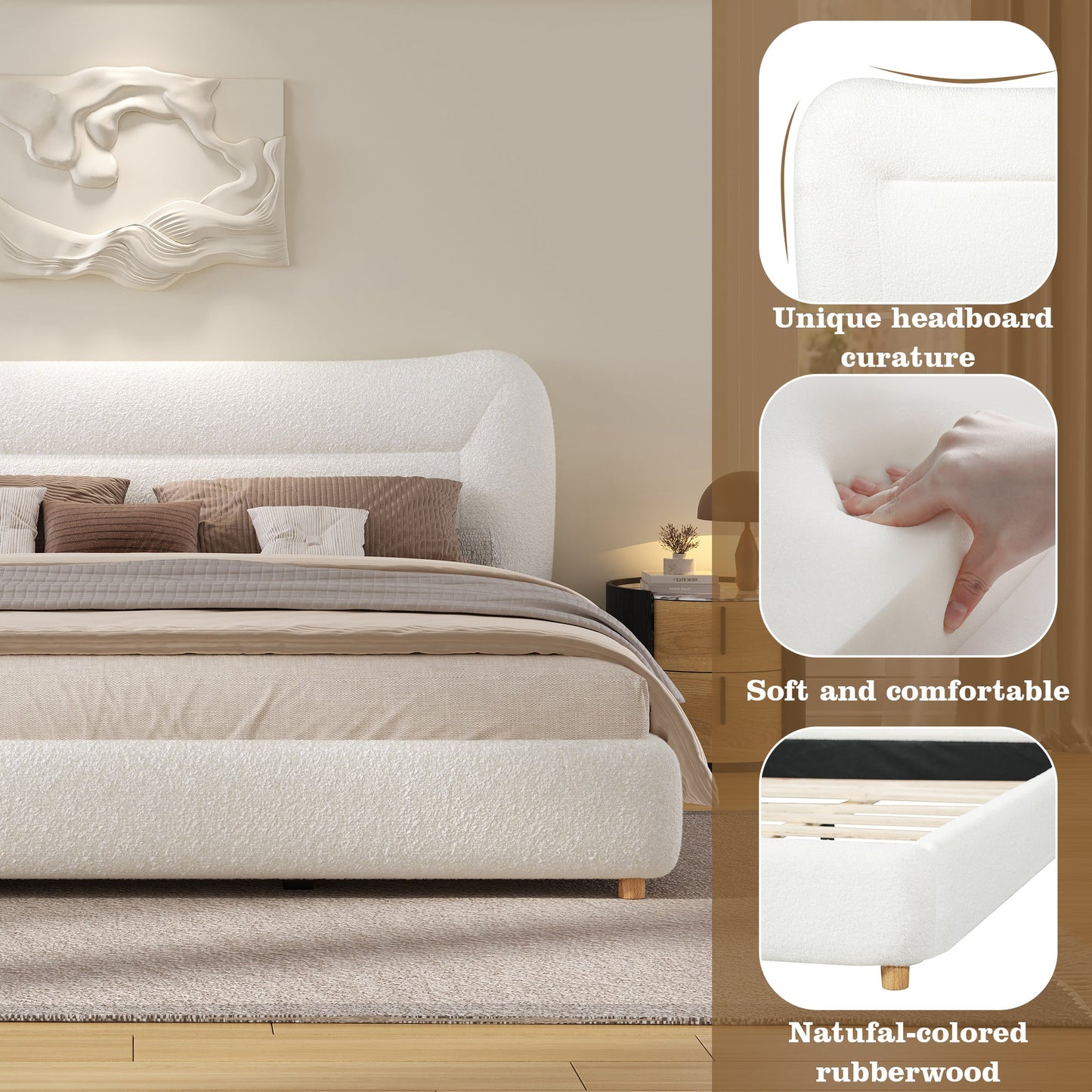 HouseOfZazla king bed with minimalist curved teddy bear plush headboard in cream on Tampa Home & Garden Store