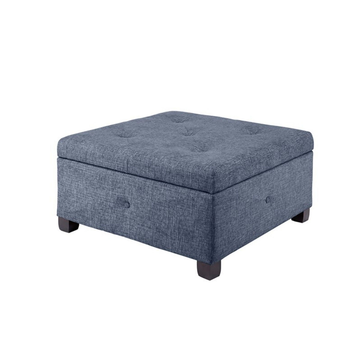 Aspen storage ottoman with upholstered blue-gray fabric, tufted top, and soft-close lid on Tampa Home & Garden Store