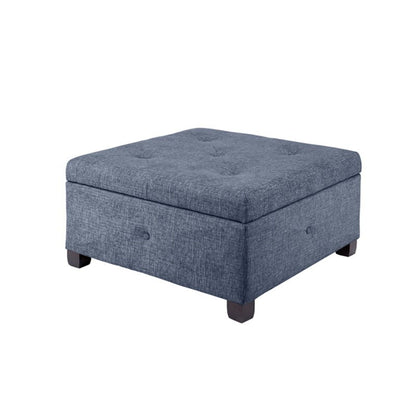 Aspen storage ottoman with upholstered blue-gray fabric, tufted top, and soft-close lid on Tampa Home & Garden Store