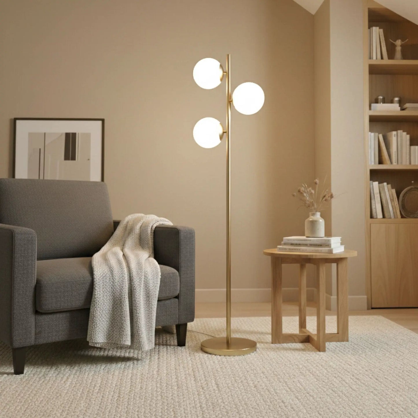 Brilliance modern floor lamp with three opal globe shades on a gold stem and round base on Tampa Home & Garden Store