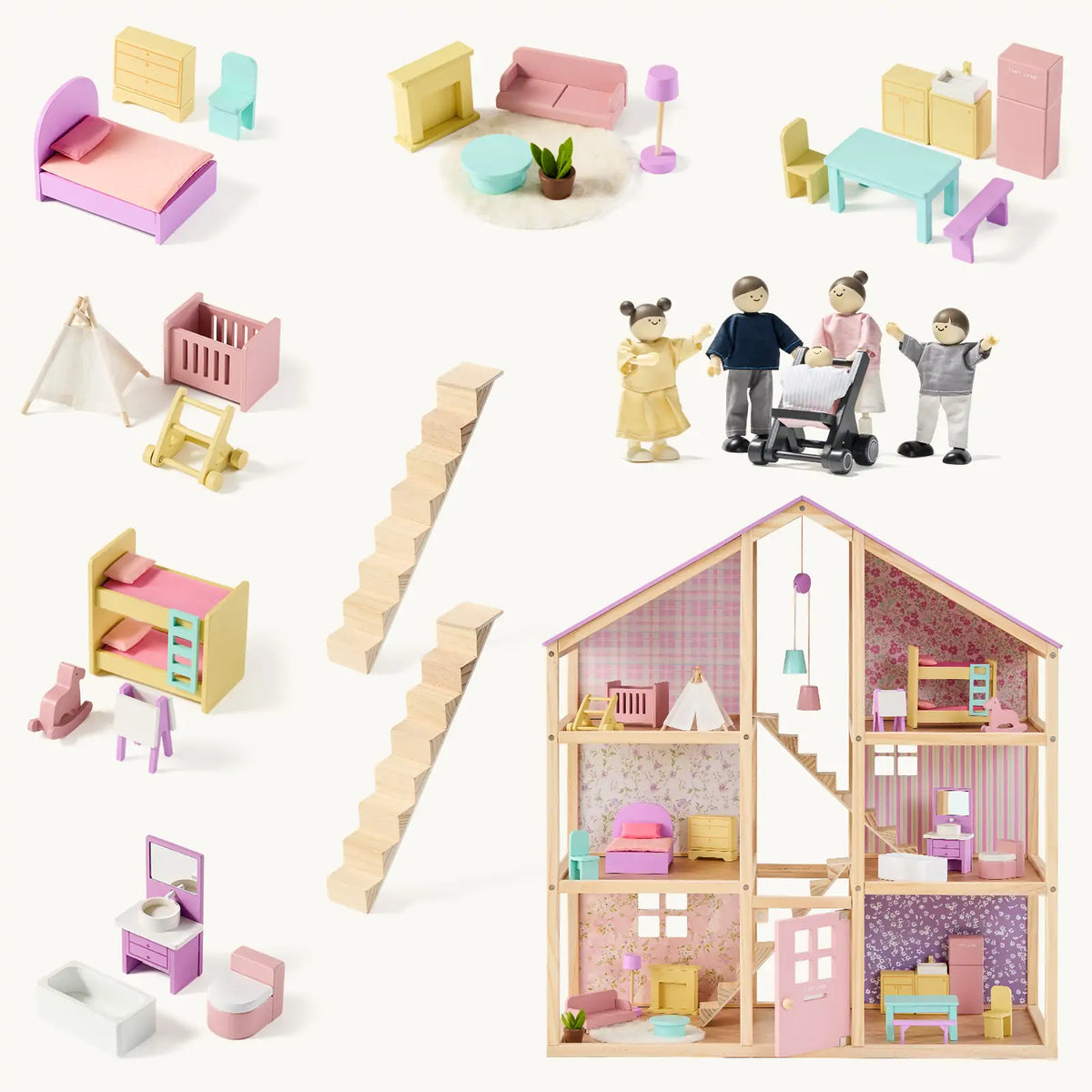 Tiny Land Sweetwood Unicorn Dollhouse with pastel pink teal purple furniture and wooden dolls on Tampa Home & Garden Store