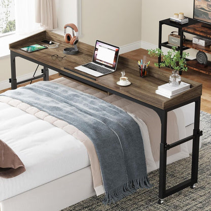 Adjustable overbed table with wheels, dark gray finish, queen-size desk with laptop on bed on Tampa Home & Garden Store