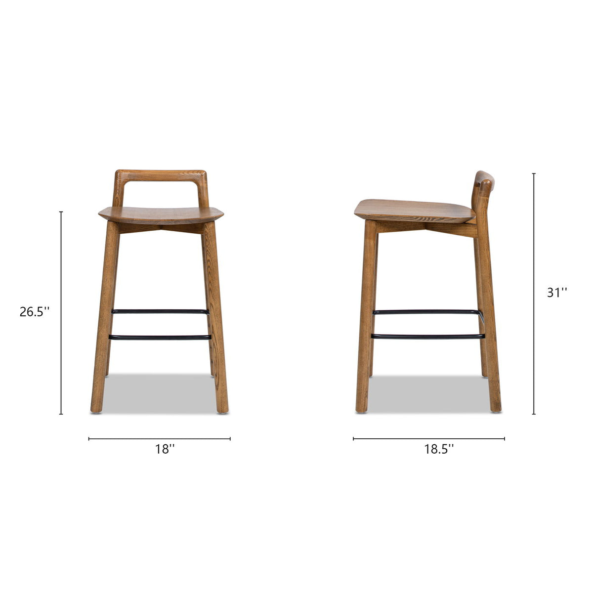 Two HouseOfZazla counter-height stools, modern minimalist low back, dark brown walnut ash wood on Tampa Home & Garden Store