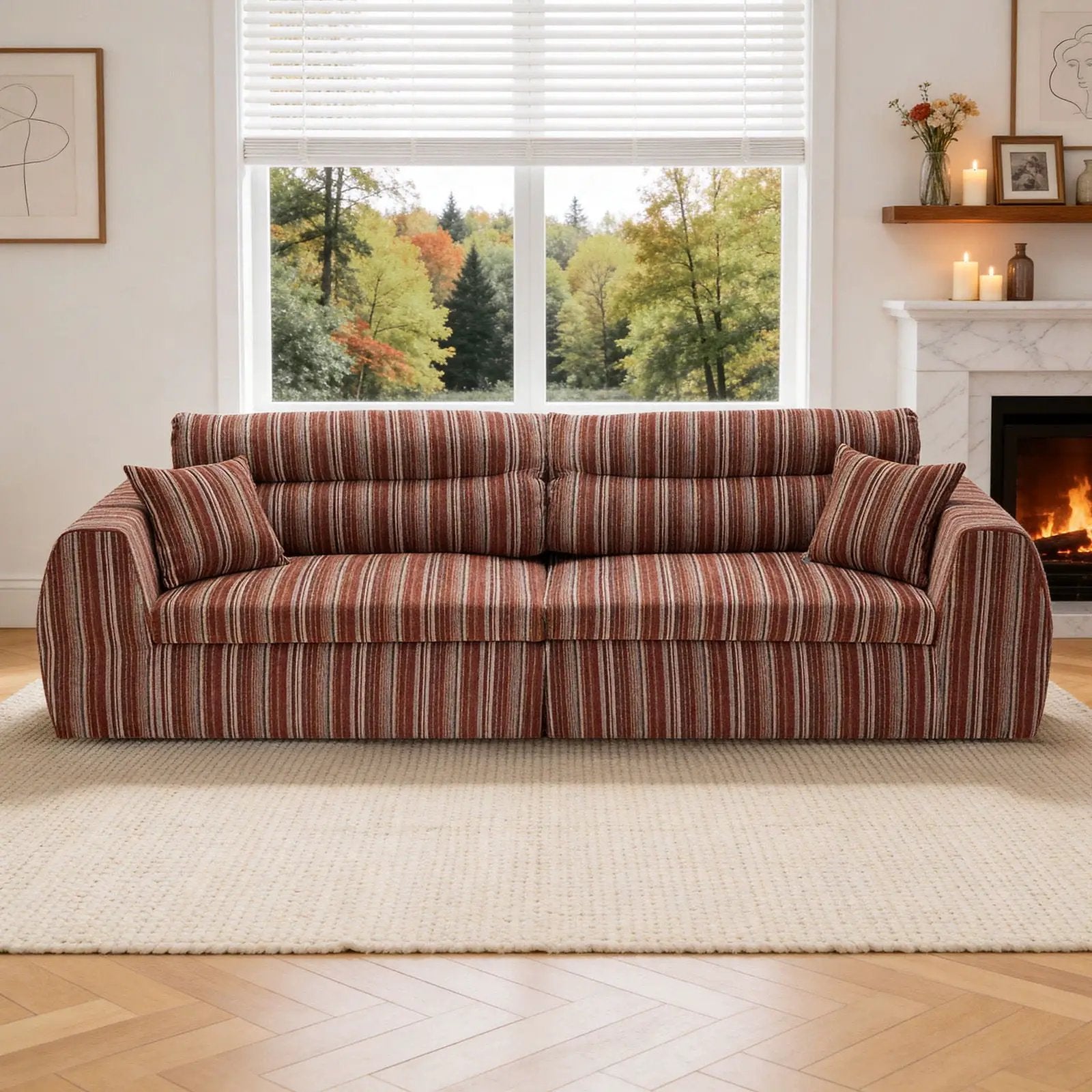 3 Seater striped couch from Unique Piece Furniture in red beige fabric with throw pillows on Tampa Home & Garden Store