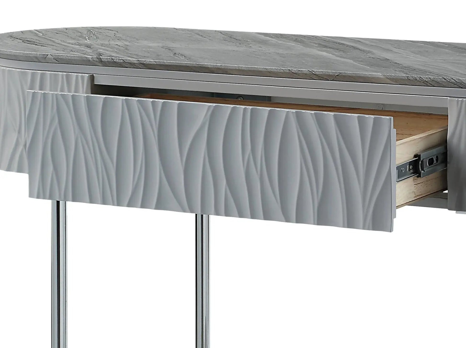 Yukino high gloss sofa table with gray marble top and chrome legs on Tampa Home & Garden Store