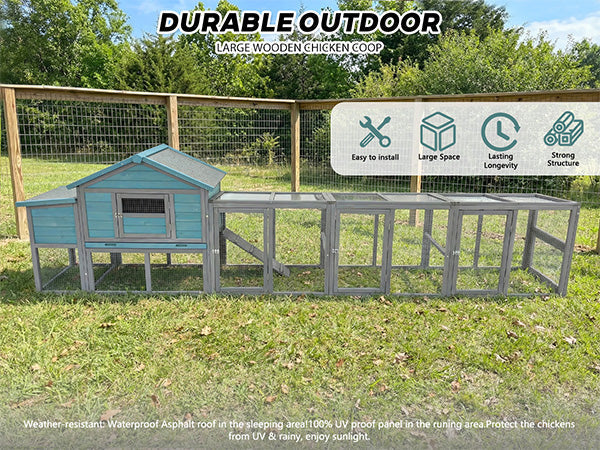 Wooden chicken coop with nesting box and wire fence by HouseOfZazla, blue nesting box, long run on Tampa Home & Garden Store