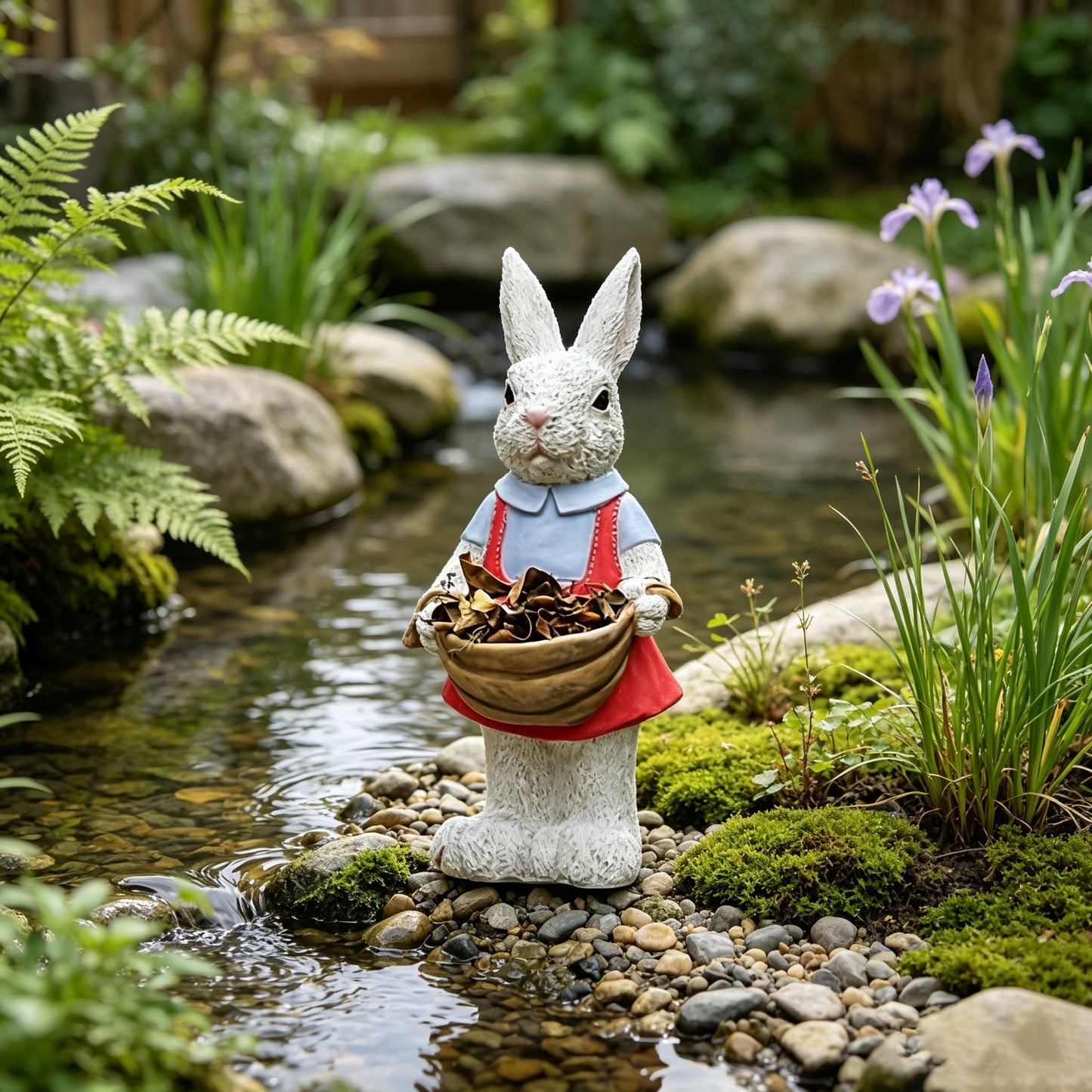 Charming hand-painted rabbit garden statue in blue shirt with red trim beside a rocky pond on Tampa Home & Garden Store