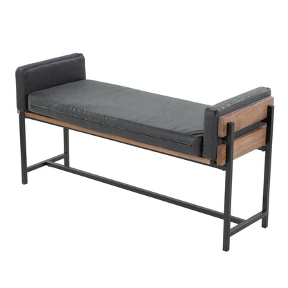 Upholstered Farmhouse Bench with Wood Panel Accent in dark gray faux leather, HouseOfZazla on Tampa Home & Garden Store
