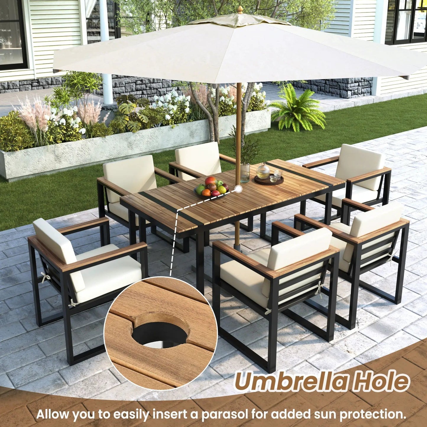 7-Piece Outdoor Dining Set by Unique Piece Furniture with wood slat table and cream cushions on Tampa Home & Garden Store