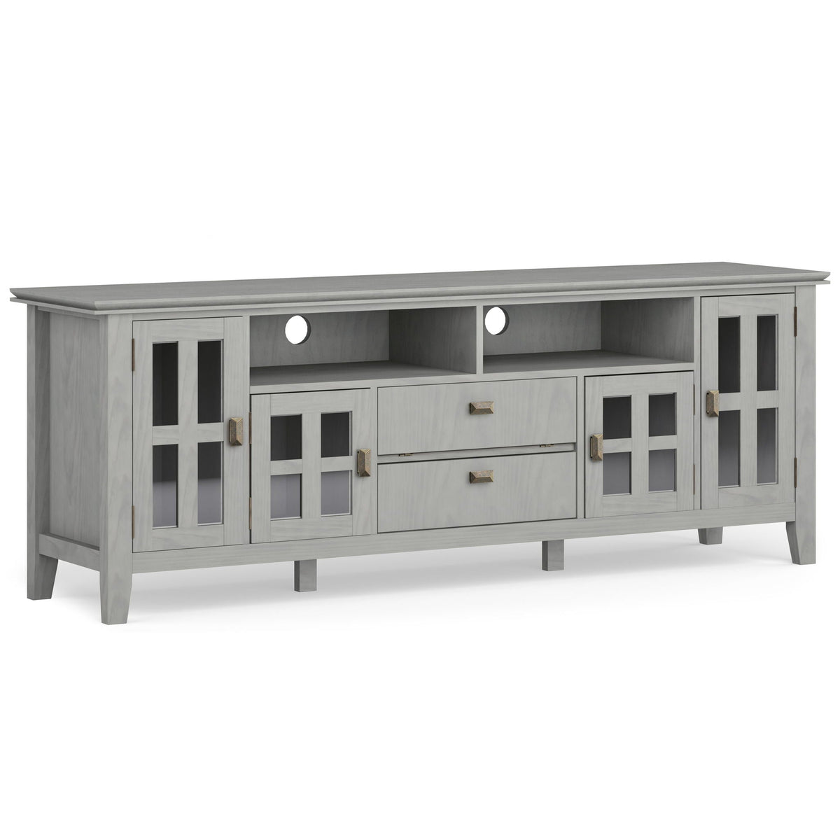 Artisan solid wood TV stand with flip drawer, gray wash finish and glass-front cabinets on Tampa Home & Garden Store