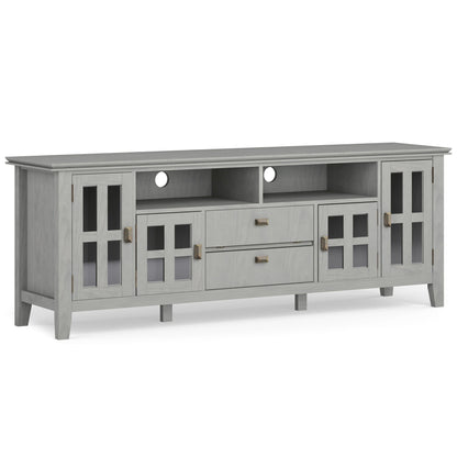 Artisan solid wood TV stand with flip drawer, gray wash finish and glass-front cabinets on Tampa Home & Garden Store