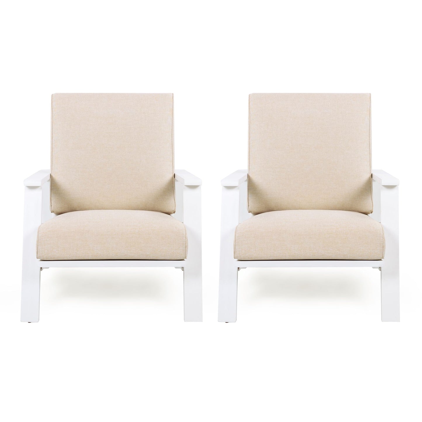 Outdoor Patio Lounge Chair Set of 2 beige cushions with white metal frames, pair on Tampa Home & Garden Store