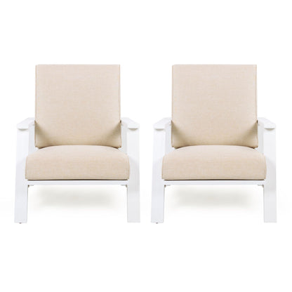 Outdoor Patio Lounge Chair Set of 2 beige cushions with white metal frames, pair on Tampa Home & Garden Store