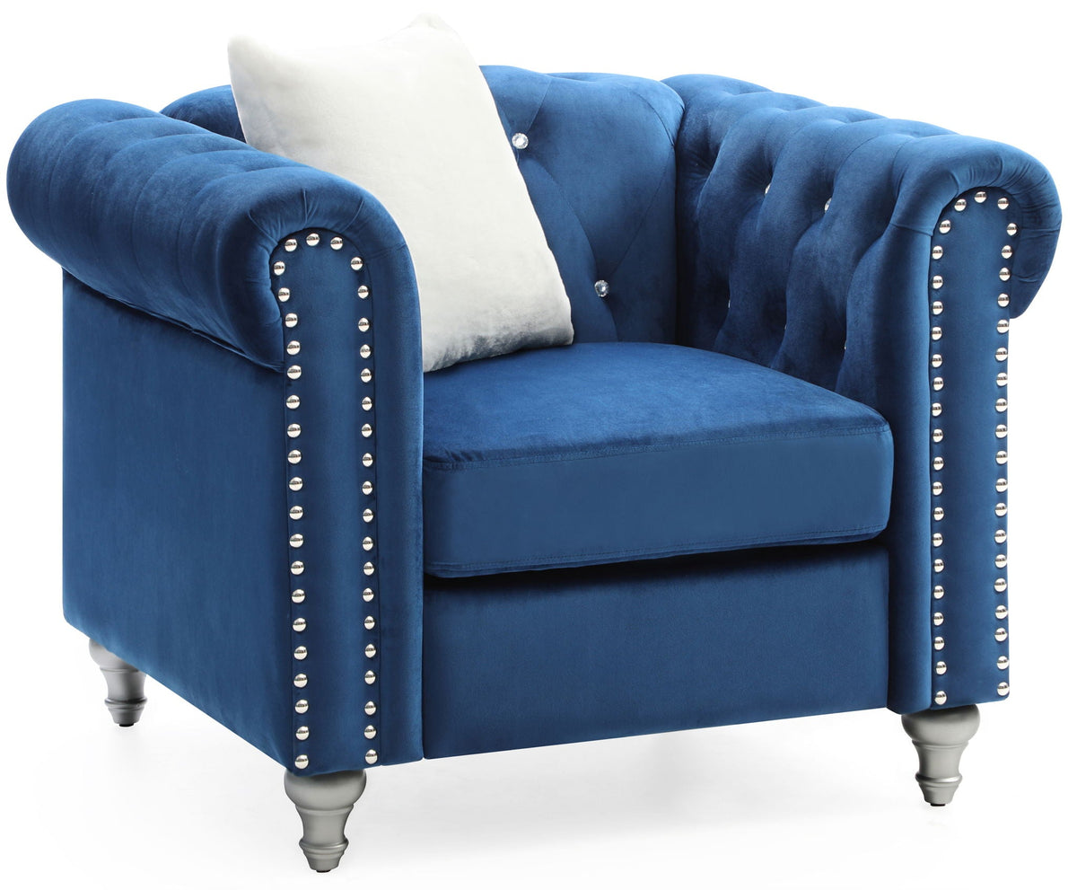 Contemporary blue velvet lounge chair with studded arms and white pillow by HouseOfZazla on Tampa Home & Garden Store