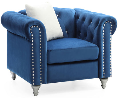 Contemporary blue velvet lounge chair with studded arms and white pillow by HouseOfZazla on Tampa Home & Garden Store