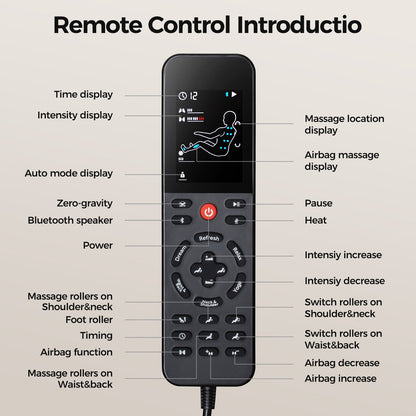 Remote control for HouseOfZazla SL Track full body massage recliner, black handheld with labeled function buttons on Tampa Home & Garden Store