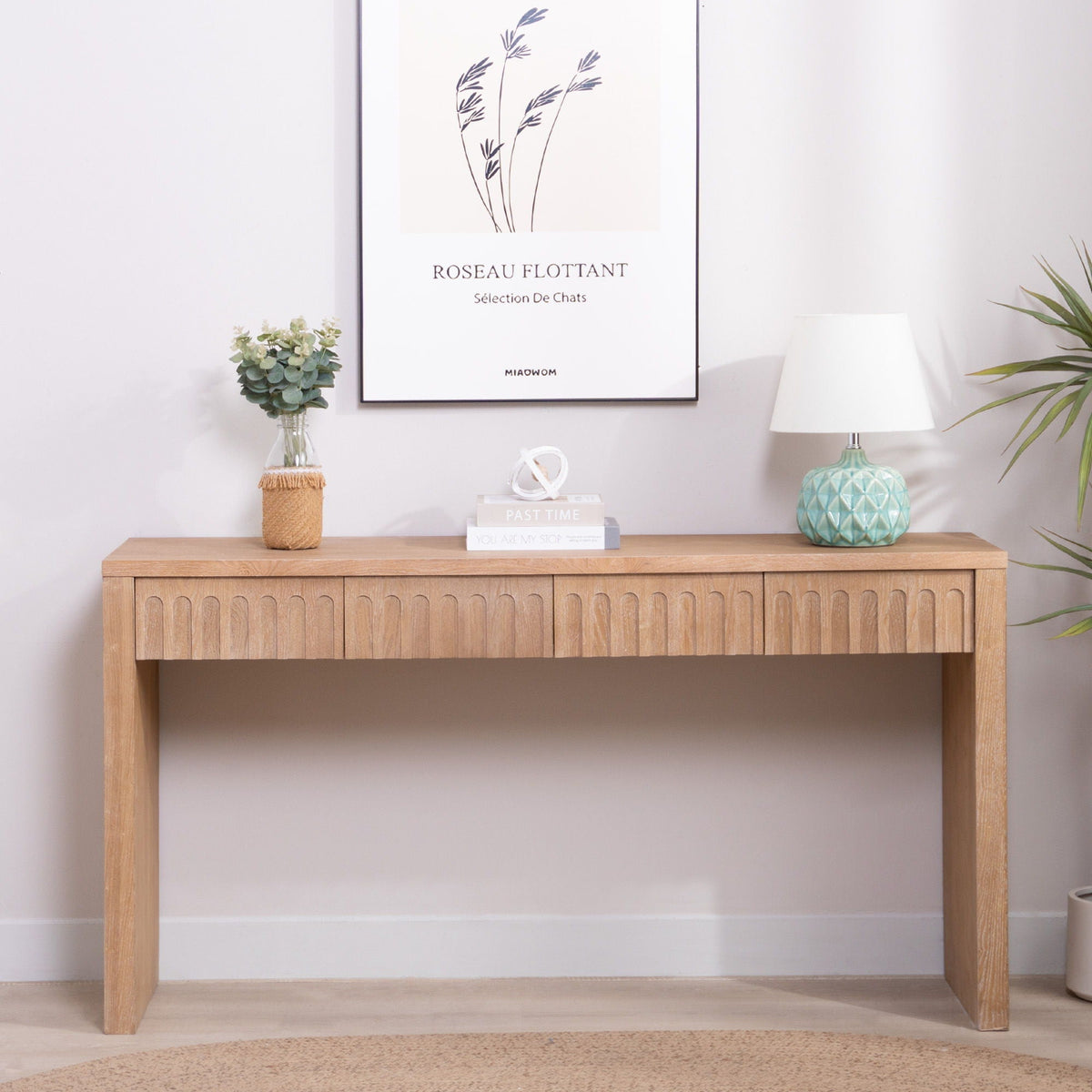 Modern Console Table with 4 Drawers in wood finish with plants and lamp on top on Tampa Home & Garden Store