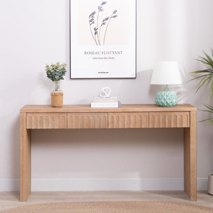 Modern Console Table with 4 Drawers in wood finish with plants and lamp on top on Tampa Home & Garden Store