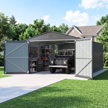 Outdoor Storage Shed 20x13 ft gray metal by HouseOfZazla, open doors reveal organized interior on Tampa Home & Garden Store
