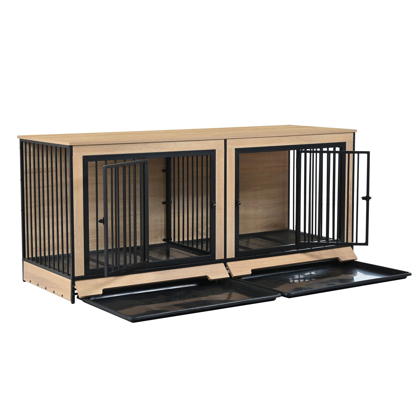 Dog crate furniture with two joined rooms in light oak wood and black metal frame HouseOfZazla on Tampa Home & Garden Store